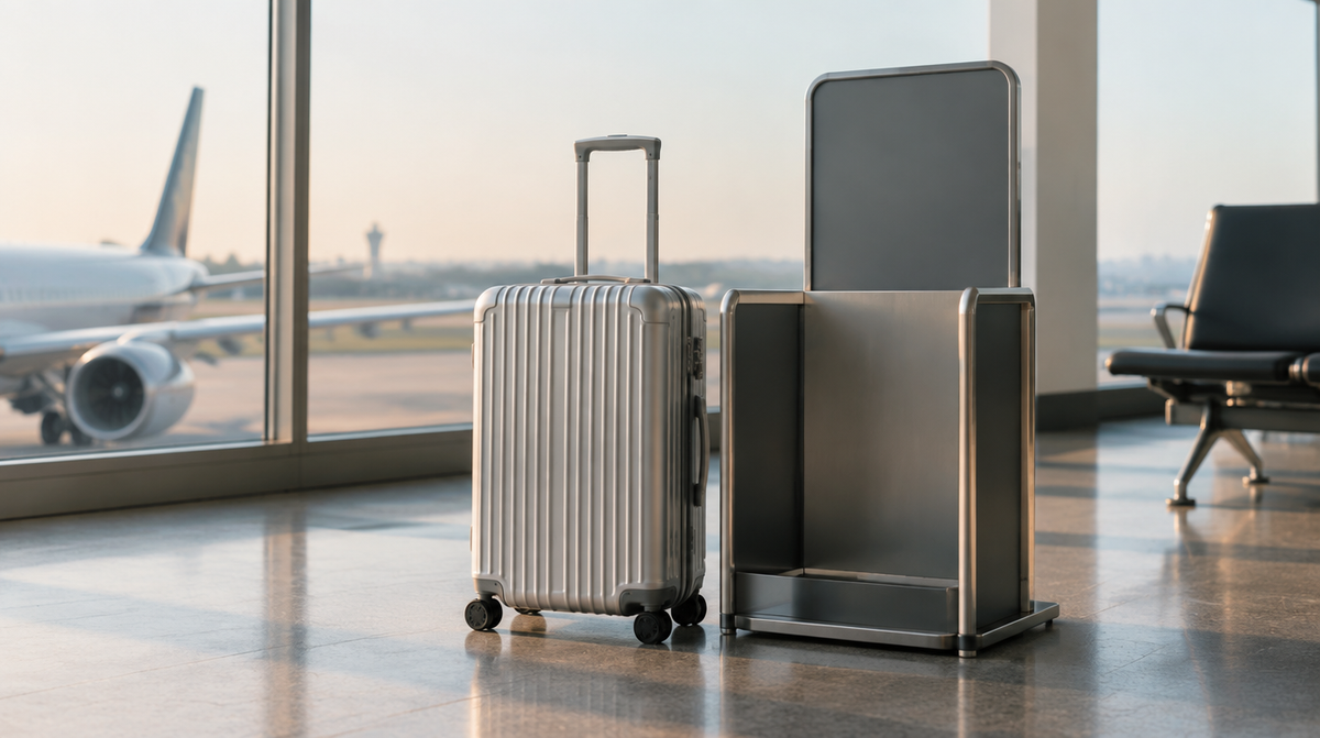 Valise en aluminium près d’un gabarit de bagage cabine à la porte d’embarquement