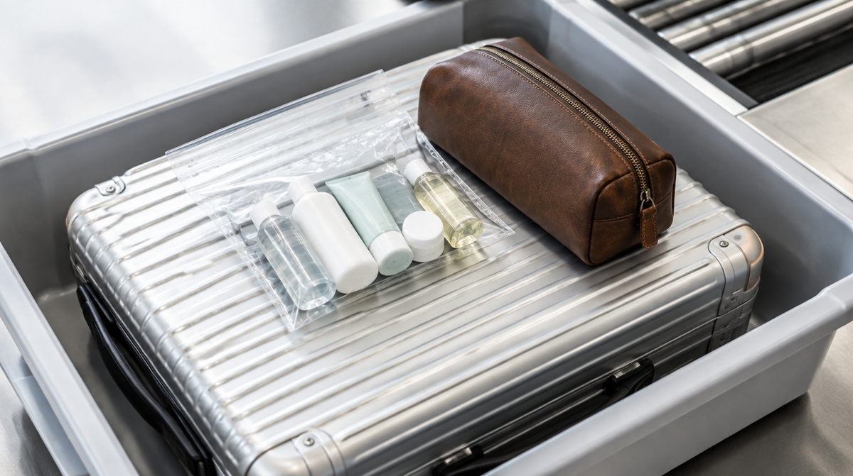 Sachet transparent de liquides au format voyage près d’une valise en aluminium au contrôle de sécurité