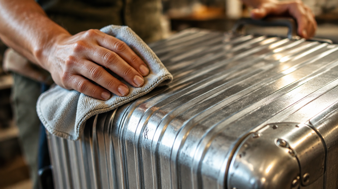 Une main polit la coque d’une valise en aluminium avec un chiffon doux