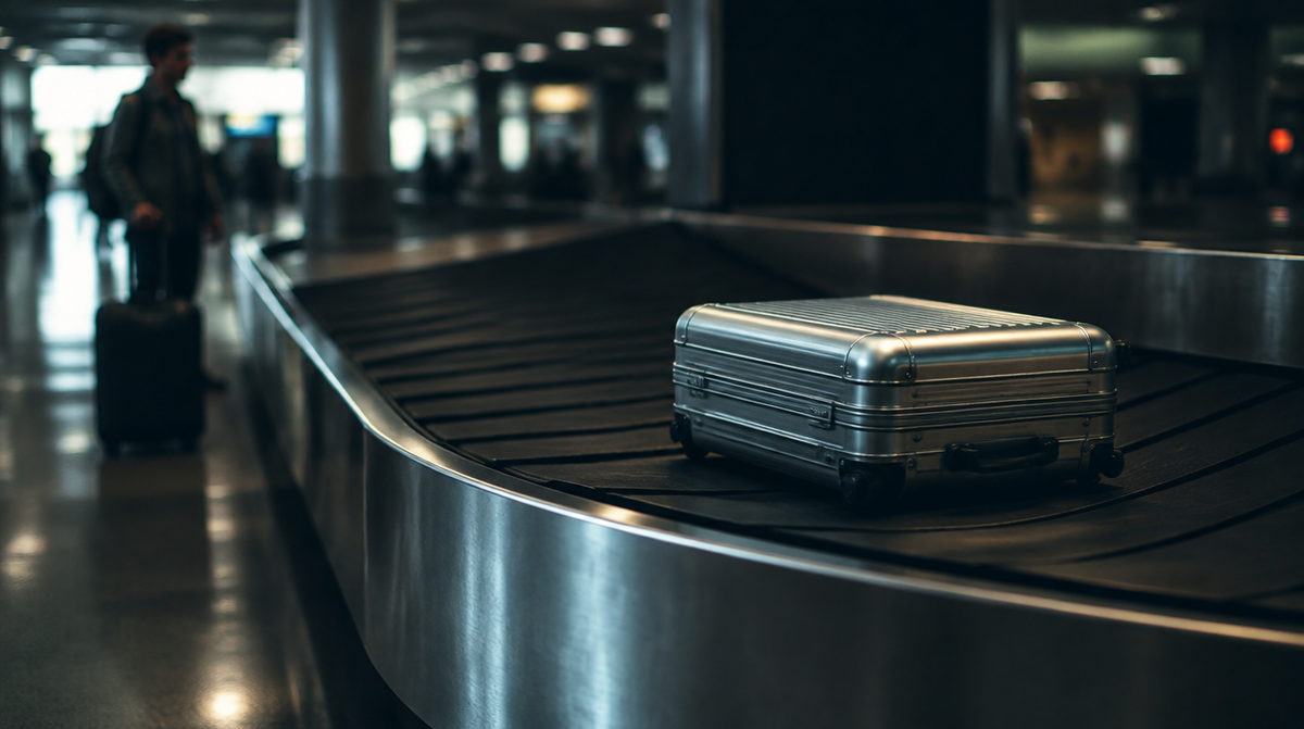 Une valise en aluminium sur le tapis à bagages d’un aéroport